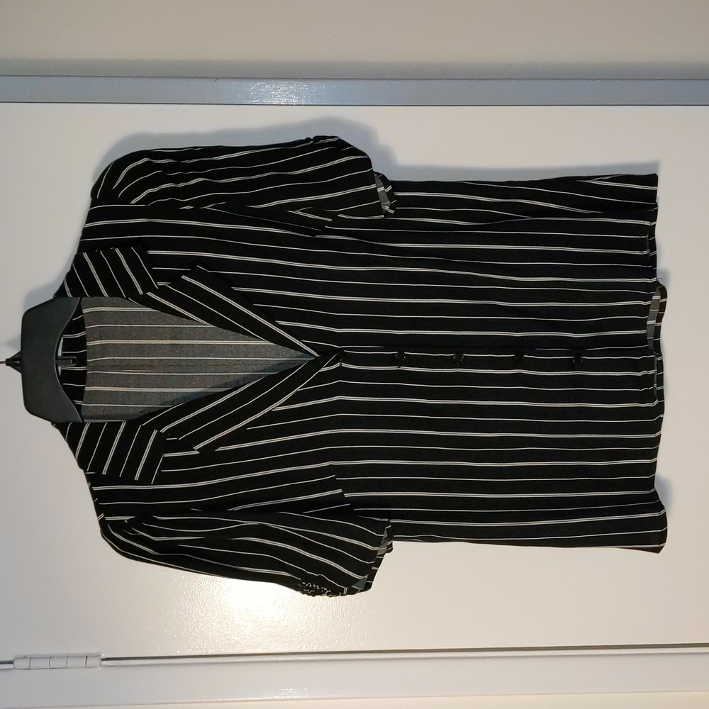 Reformation, M, black and cream striped blouse with ruched sleeves